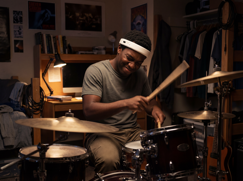 Drummer wearing the MetroBand wearable metronome headband while playing a drum kit in a home studio