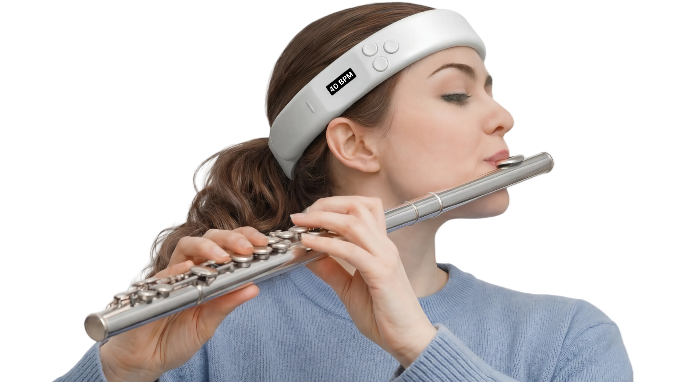 Flutist wearing the MetroBand wearable metronome headband while playing the flute.