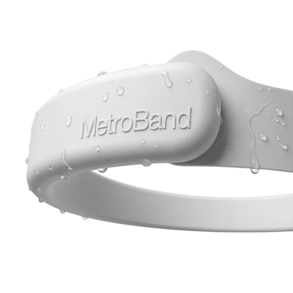 MetroBand wearable metronome headband showing dust and water resistance with water droplets on the exterior