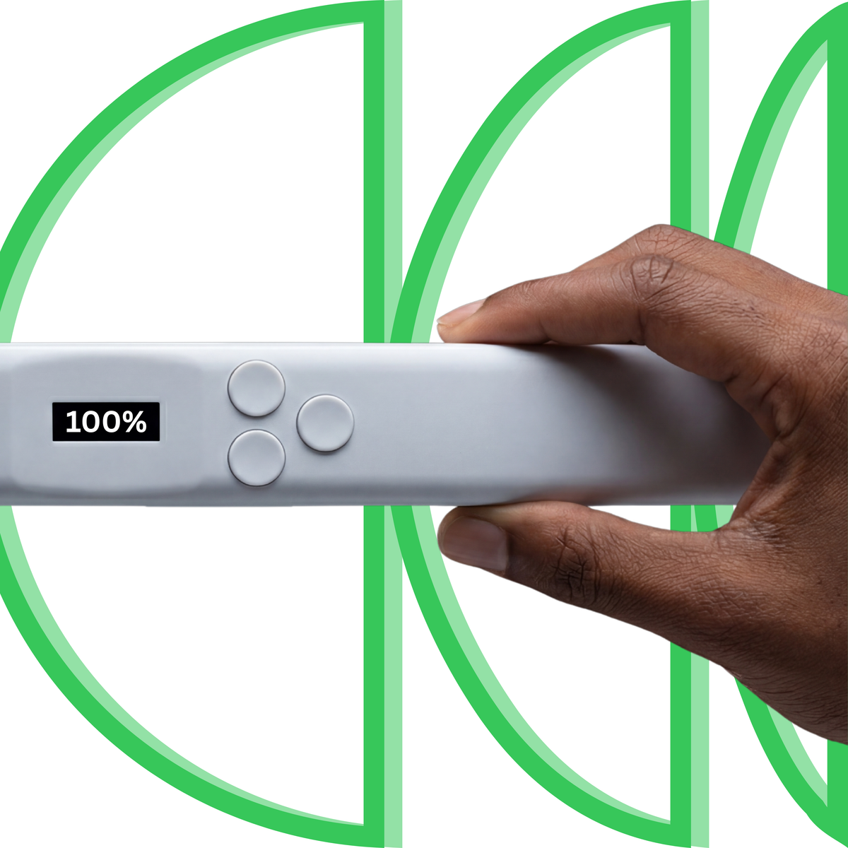 Hand holding the MetroBand wearable metronome headband showing full battery on the mini OLED display with battery life highlights