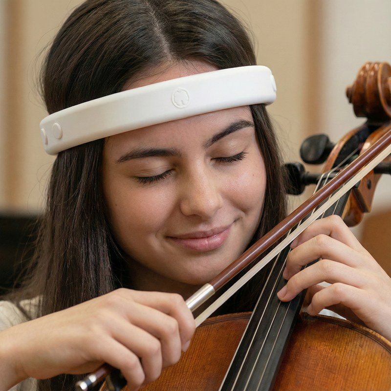 Cellist wearing the MetroBand Pro wearable metronome headband while practicing with hands-free tempo control.