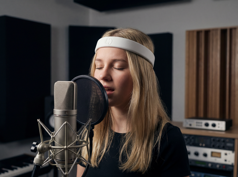 Singer wearing the MetroBand wearable metronome headband while recording vocals in a studio