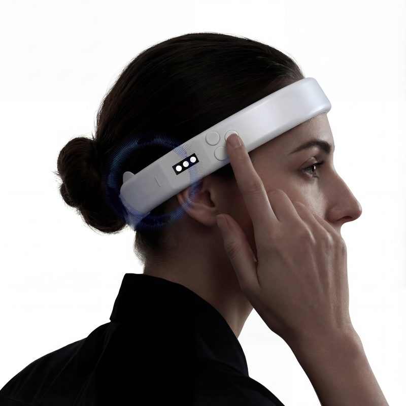 Side profile of a women wearing the MetroBand wearable metronome headband and pressing the tap-to-tempo button