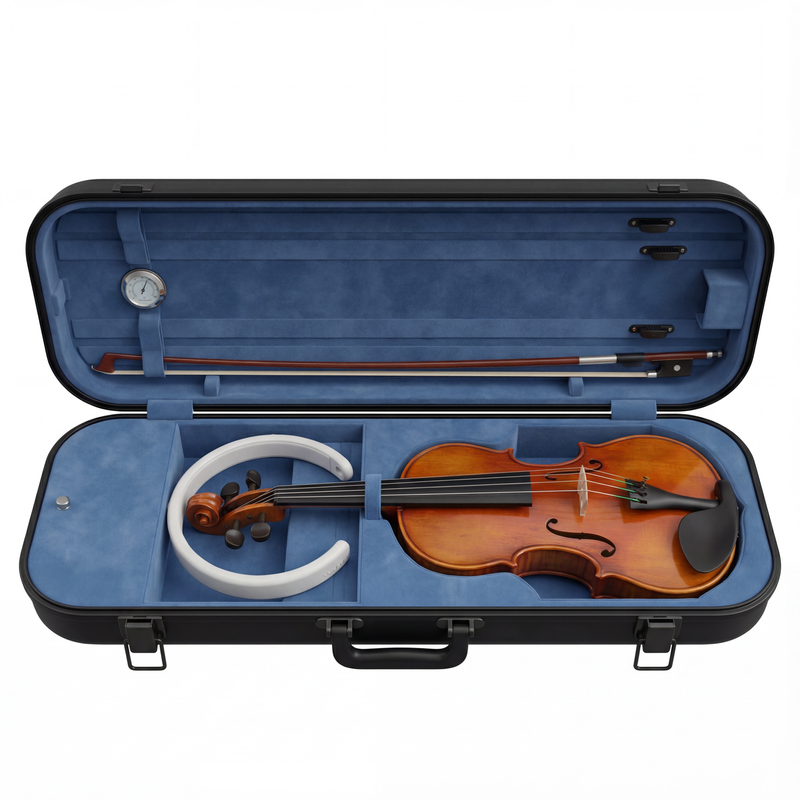 MetroBand wearable metronome headband placed inside an open violin case on a white background