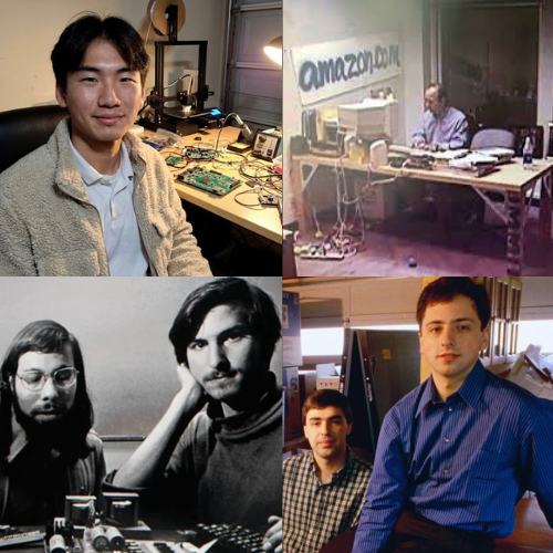 Collage showing Walnut’s early work in a garage, echoing the early beginnings of companies like Amazon, Apple, and Google