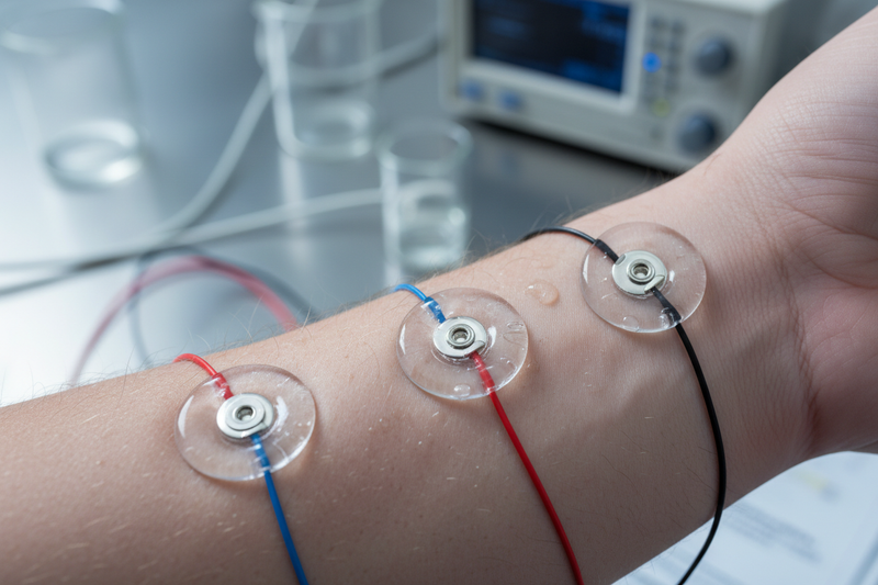 closeup of 3 wet gel electrodes on the wrist of a hand. research lab. 