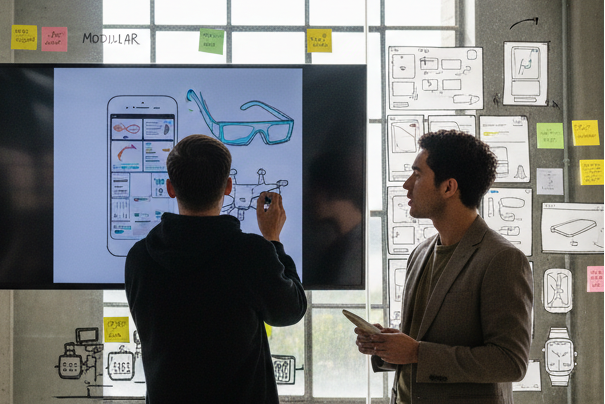 people wearing different outfits. also the drawings should be sketches of products, not math.